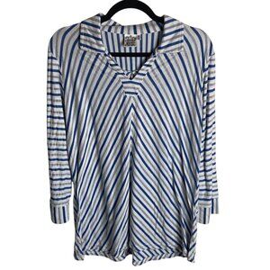 Parsley & Sage Size Xl Collared Striped Blouse Blue White Artsy Top V Neck Work